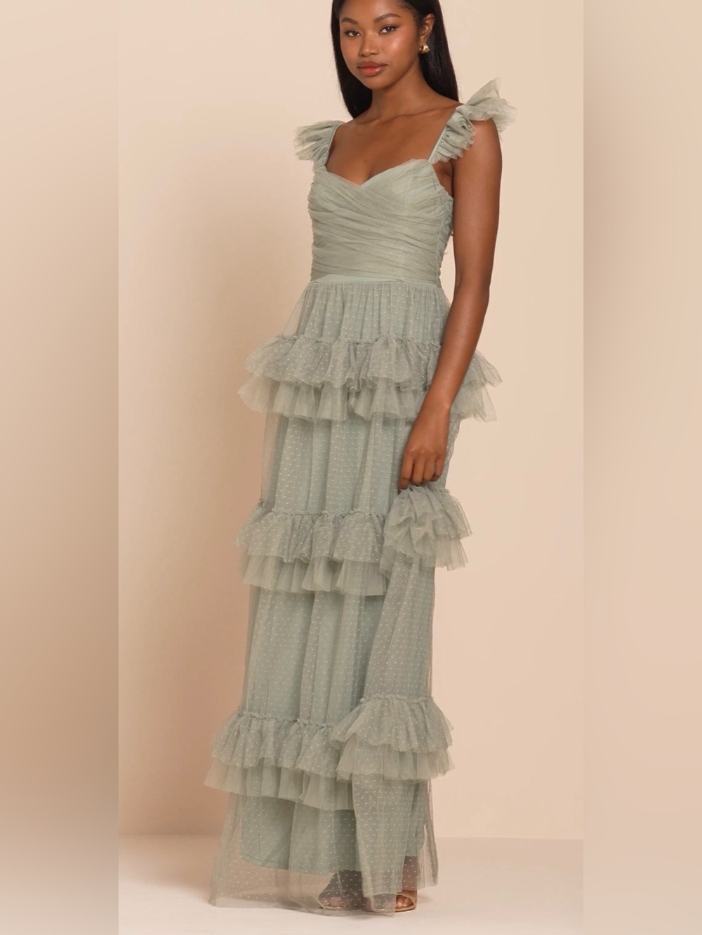 Lulus Pure Radiance Sage Brush Mesh Swiss Dot Tiered Maxi Dress NWT XL